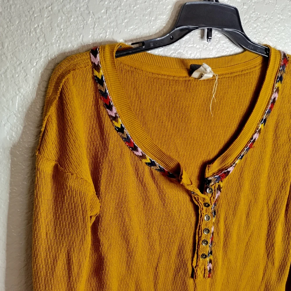 Free People We The Free Mustard Yellow Rainbow Embellished Thermal Top Sz S